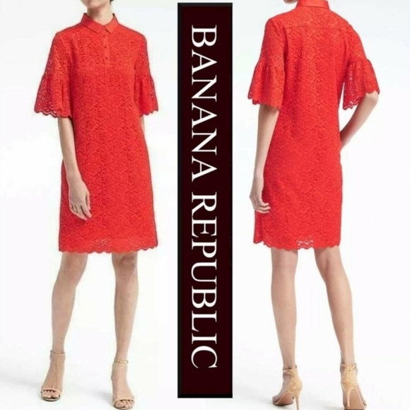Banana Republic Red Lace Shirt Dress Size S - Bell Sleeves Collared Mini Dress - Picture 12 of 13